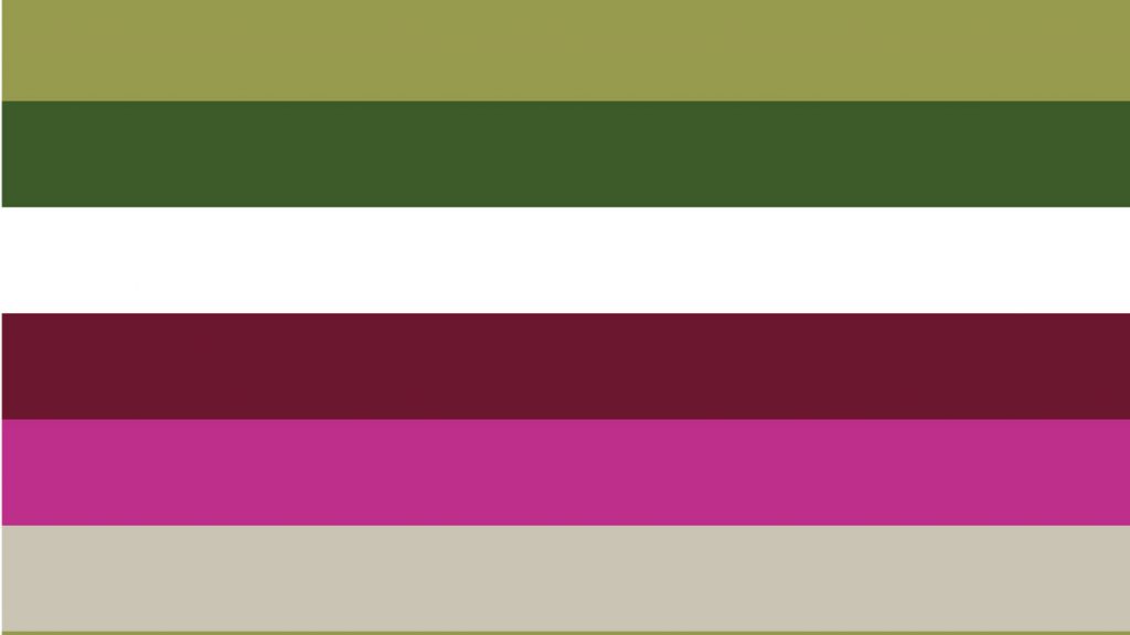 Hier sind Streifen unserer Grundfarben zu sehen: Oliv, Tannengrün, Weiß, Bordeaux, Pink und Beige