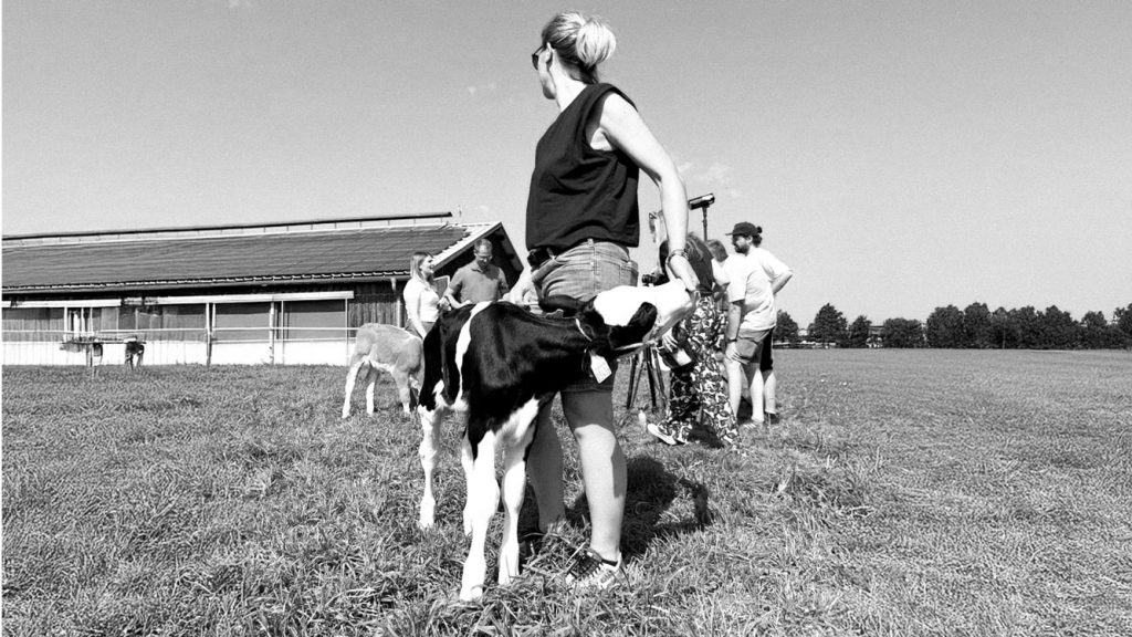 Simone hält auf der Wiese ein junges Kalb.