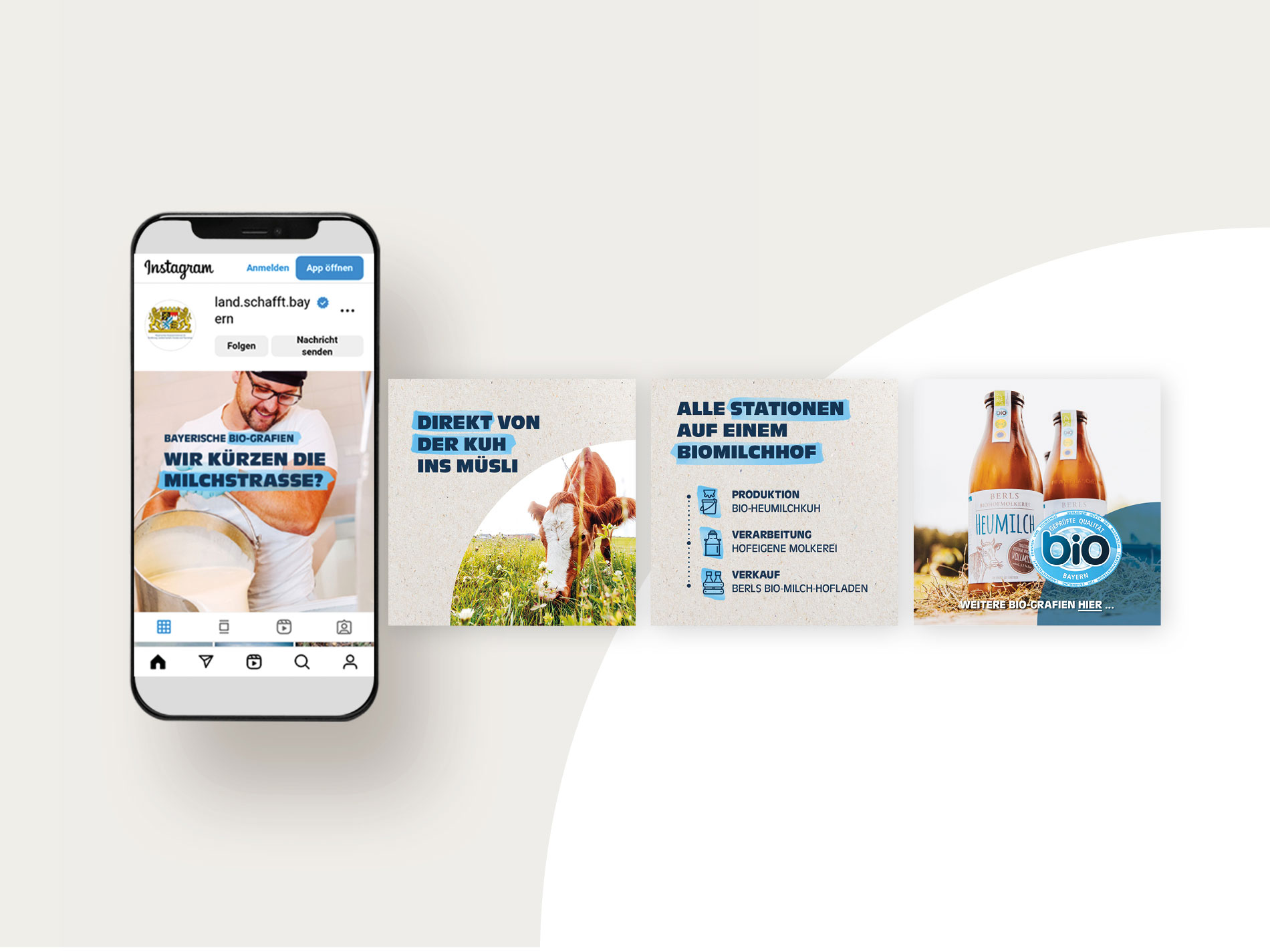 Darstellung eines Instagram-Posts zum Bayerischen Bio-Siegel mit mehreren Slides. Links ein Smartphone-Screen mit einem Post, der die Frage „Wir kürzen die Milchstraße?“ stellt. Rechts daneben drei Kacheln: eine mit einer Kuh auf der Weide, eine mit den Stationen auf einem Biomilchhof und eine mit Flaschen Bio-Heumilch, die das Bayerische Bio-Siegel tragen.
