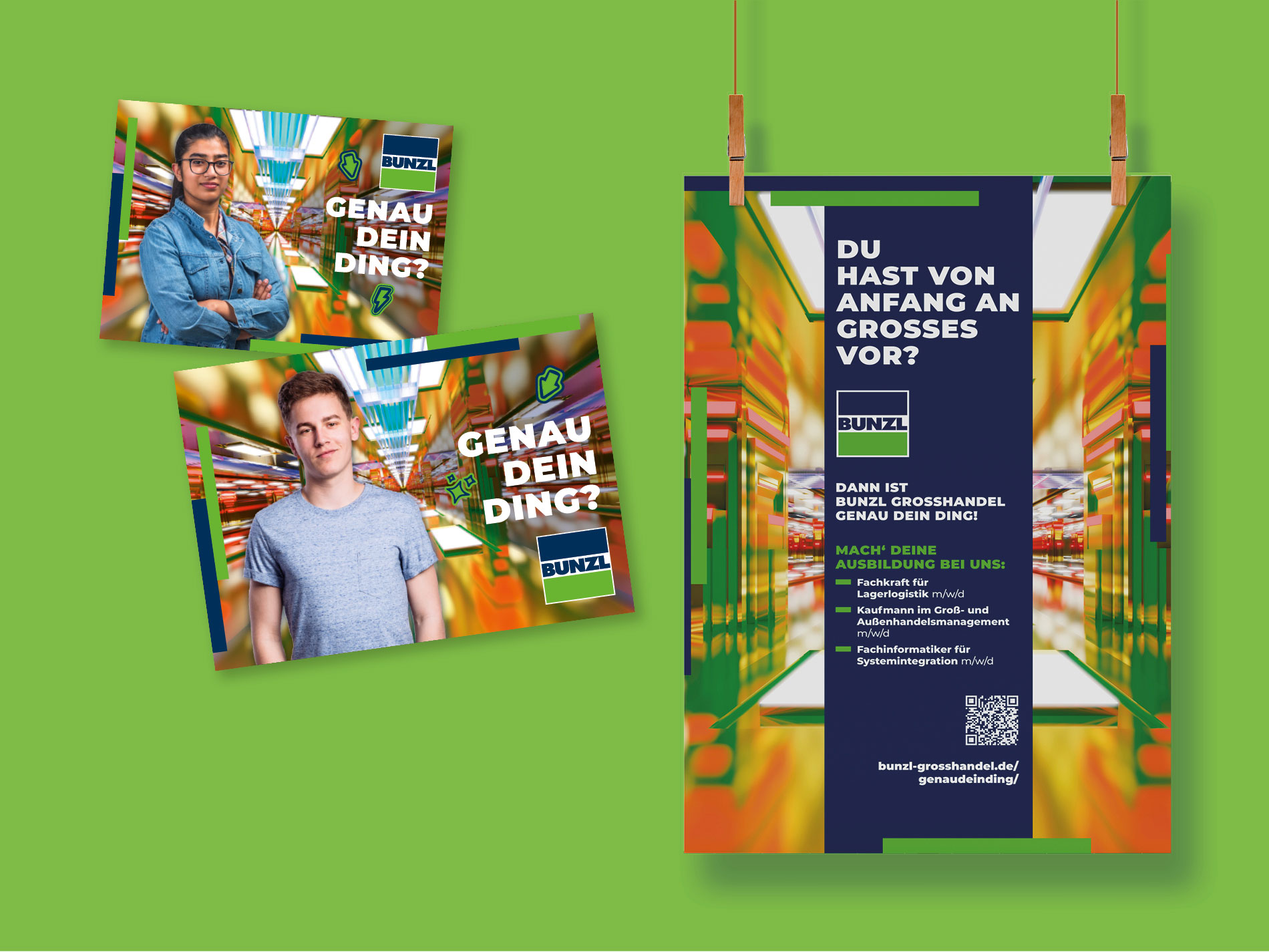 Das Bild zeigt das aufgeschlagene Guide-Book mit dem Titel "Great Guide" für BUNZL Großhandel, das verschiedene Seiten mit Grafiken, Texten und einer Weltkarte enthält.