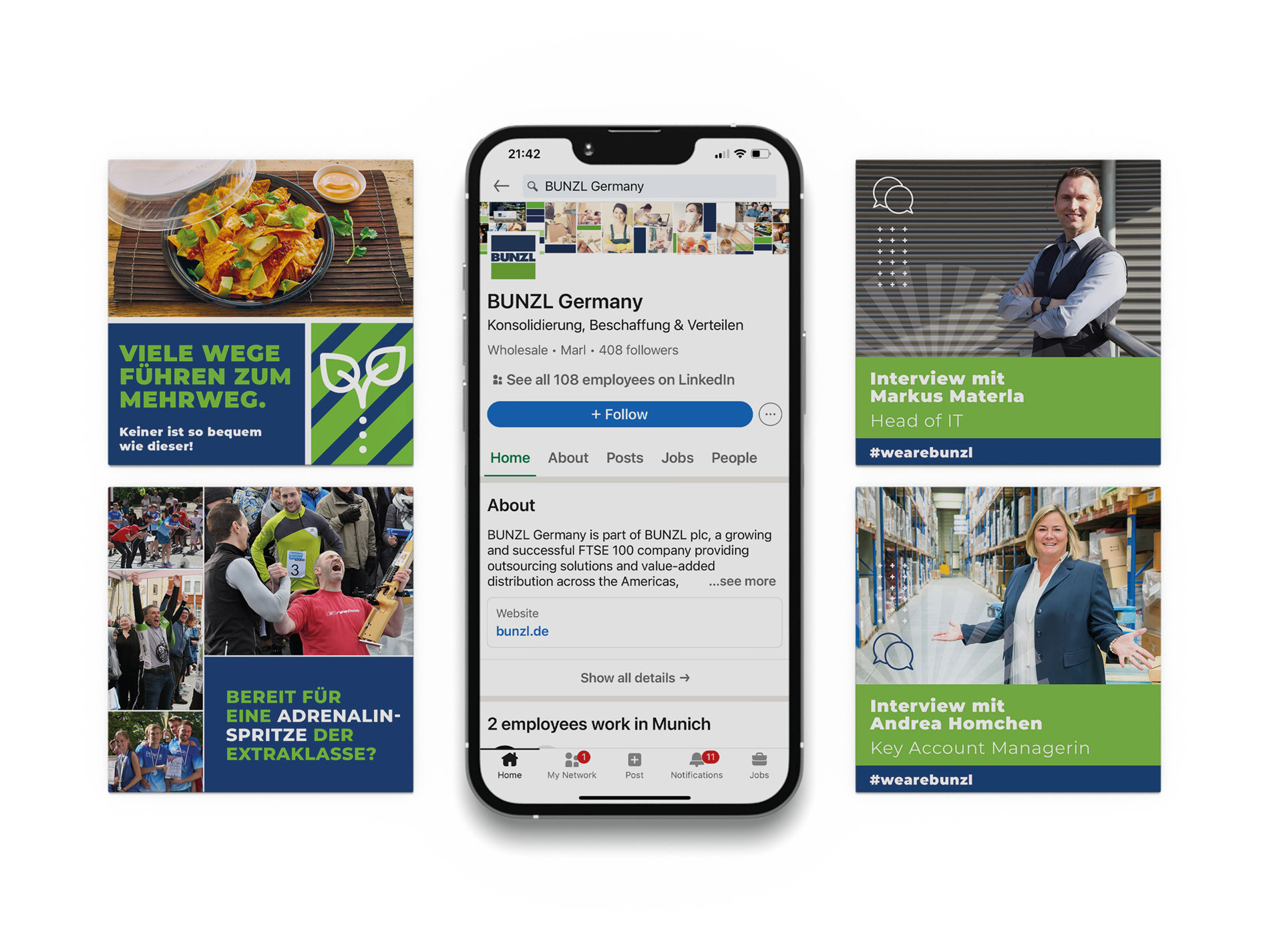 Social-Media-Designs für BUNZL Germany: In der Mitte ein Smartphone mit der LinkedIn-Unternehmensseite von BUNZL Germany. Links ein Beitrag zum Thema Mehrwegverpackungen mit dem Text 'Viele Wege führen zum Mehrweg' sowie eine Collage mit einem sportlichen Event und der Frage 'Bereit für eine Adrenalinspritze der Extraklasse?'. Rechts zwei Interview-Beiträge mit Markus Materla (Head of IT) und Andrea Homchen (Key Account Managerin) vor beruflichem Hintergrund.