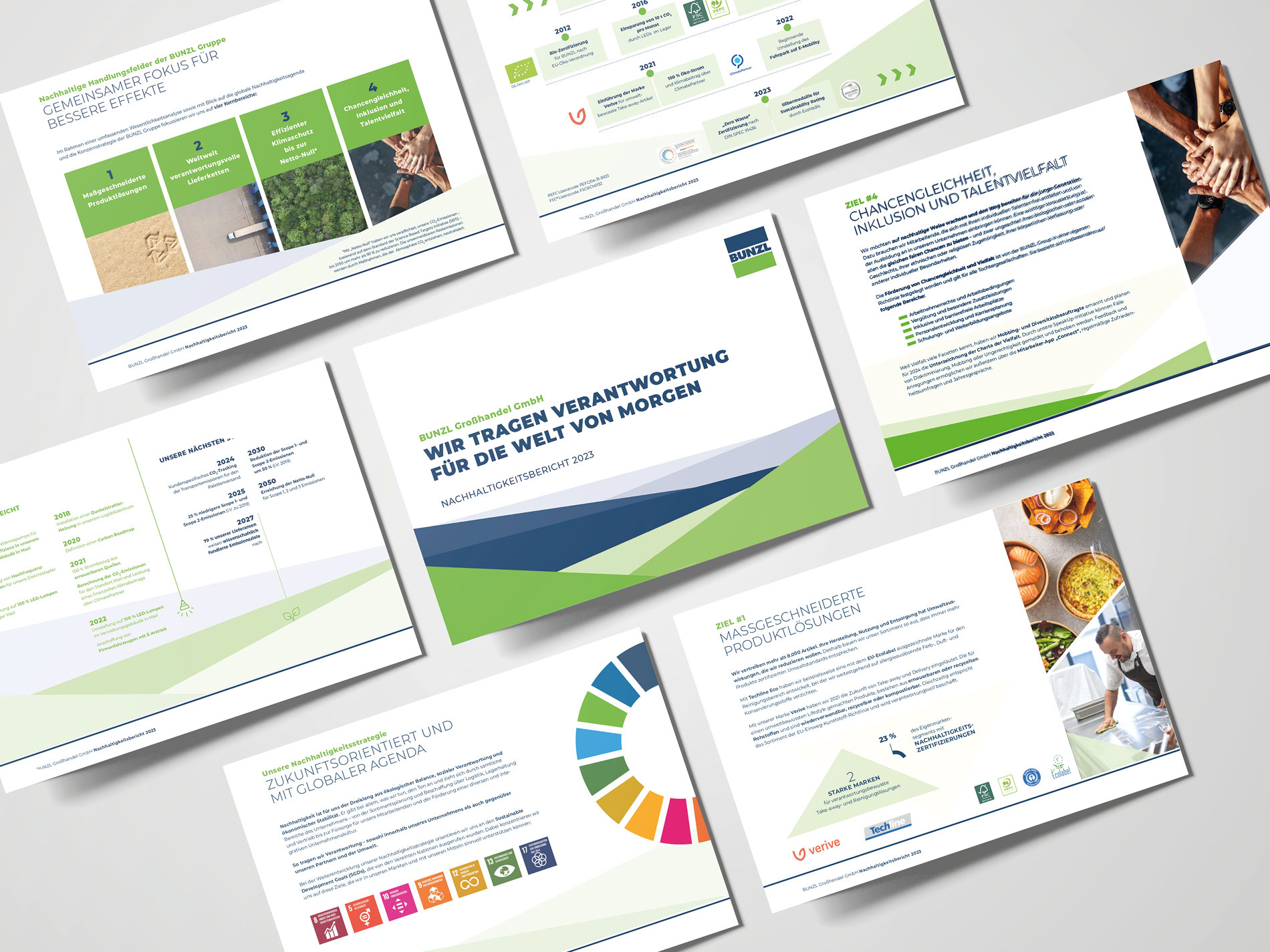Das Bild zeigt mehrere aufgeschlagene Seiten eines Nachhaltigkeitsberichts der BUNZL Großhandel GmbH mit dem Titel "Wir tragen Verantwortung für die Welt von morgen", die verschiedene Diagramme, Texte und Grafiken zur Nachhaltigkeitsstrategie des Unternehmens präsentieren.