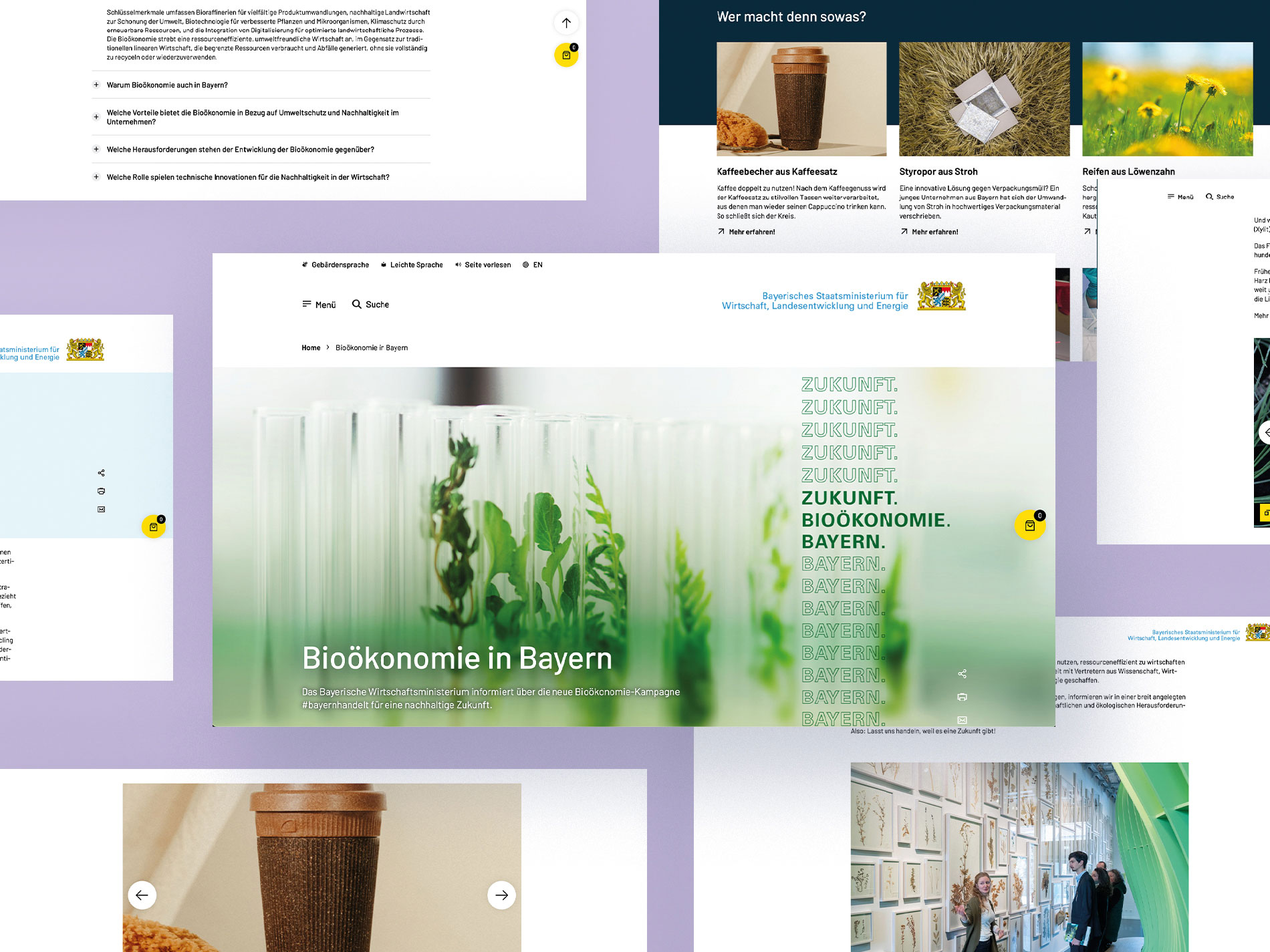 Das Bild zeigt eine Collage von Screenshots einer Website, die sich mit dem Thema Bioökonomie in Bayern beschäftigt, darunter verschiedene Abschnitte und Grafiken zur Förderung nachhaltiger Technologien und Wirtschaftspraktiken.
