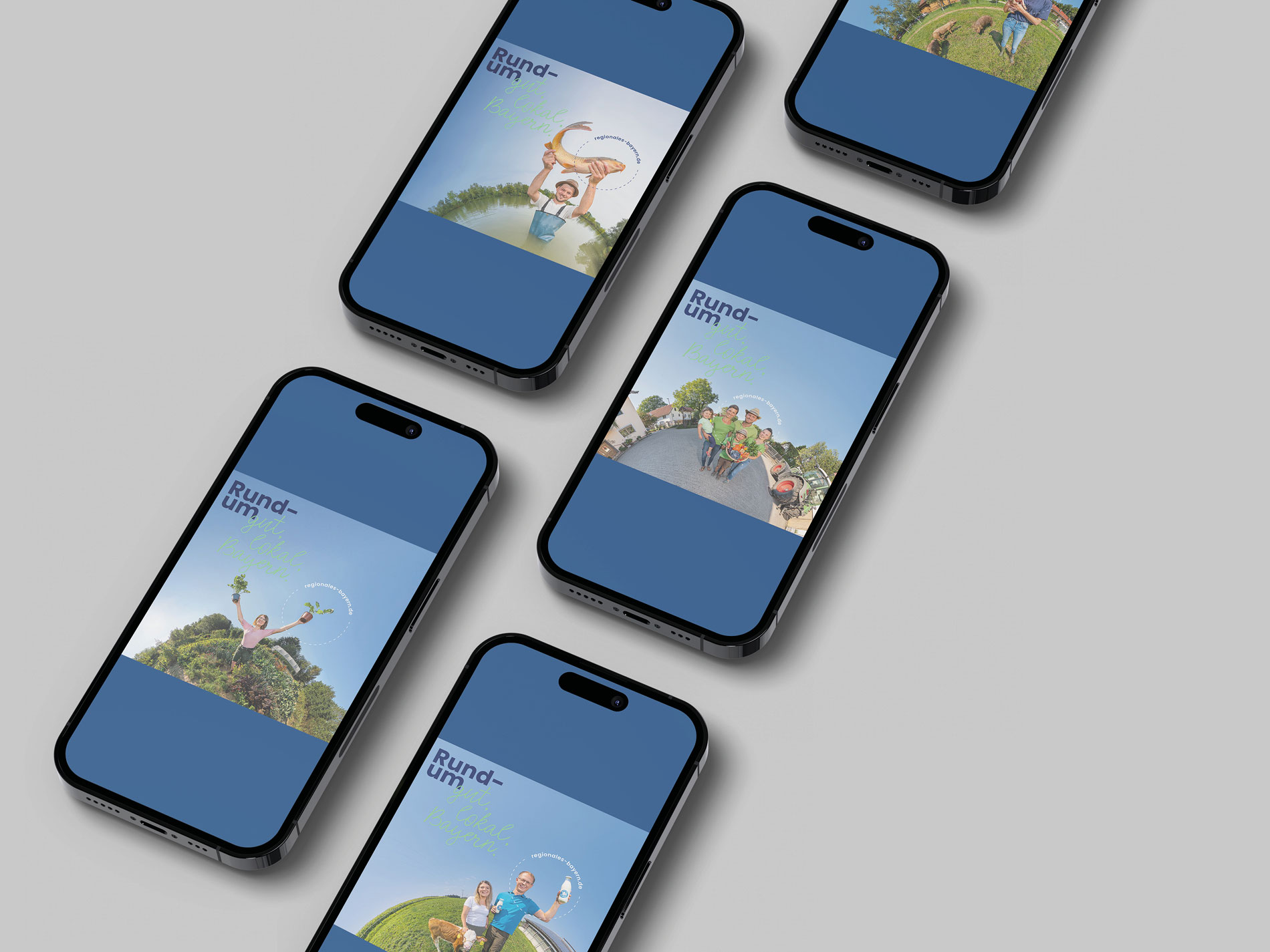 Das Bild zeigt mehrere Smartphones, die Social-Media-Beiträge der Direktvermarkter mit dem Titel "Rund um gut, lokal, Bayern" anzeigen, jeweils mit verschiedenen Stories von Menschen in ländlichen Umgebungen.