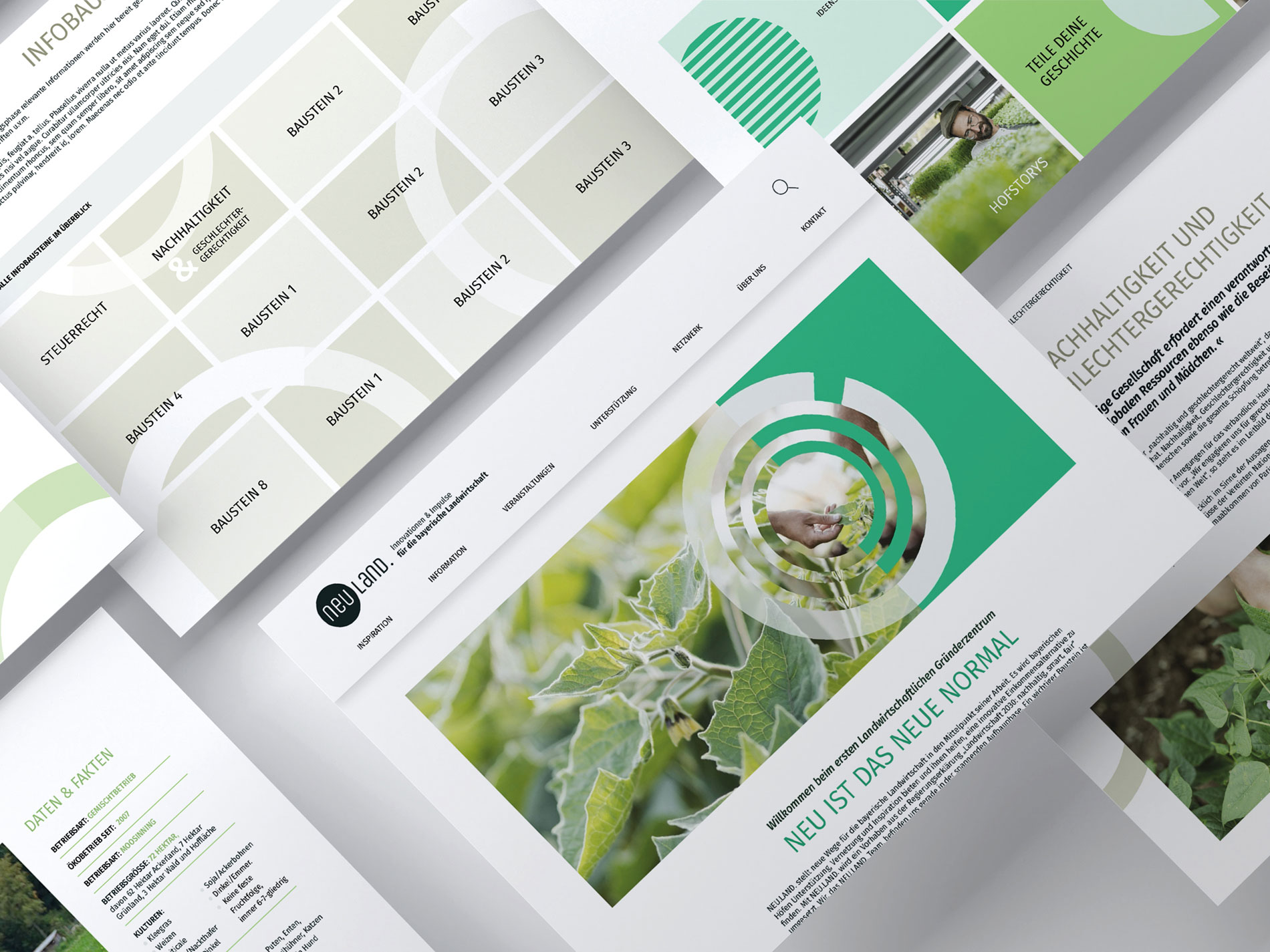 Das Bild zeigt eine moderne, grafisch gestaltete Webseite oder Präsentation mit verschiedenen Bereichen, darunter Themen wie "Nachhaltigkeit" und "Neu ist das neue Normal", sowie Abschnitte über Bausteine und Informationen zur Landwirtschaft.