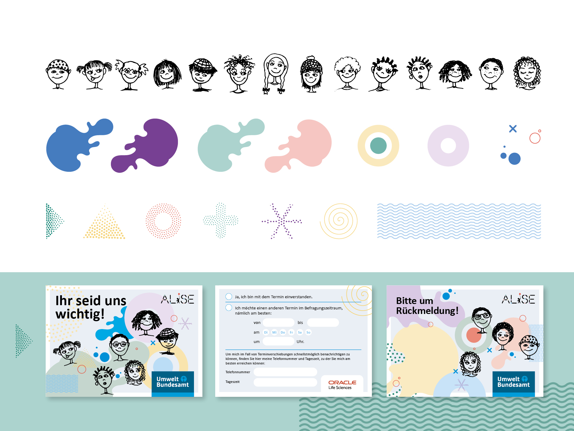 Eine Sammlung von handgezeichneten Kindergesichtern und grafischen Elementen wie Farbspritzer, Kreise und Muster, die zur visuellen Gestaltung der ALISE-Studie genutzt werden.