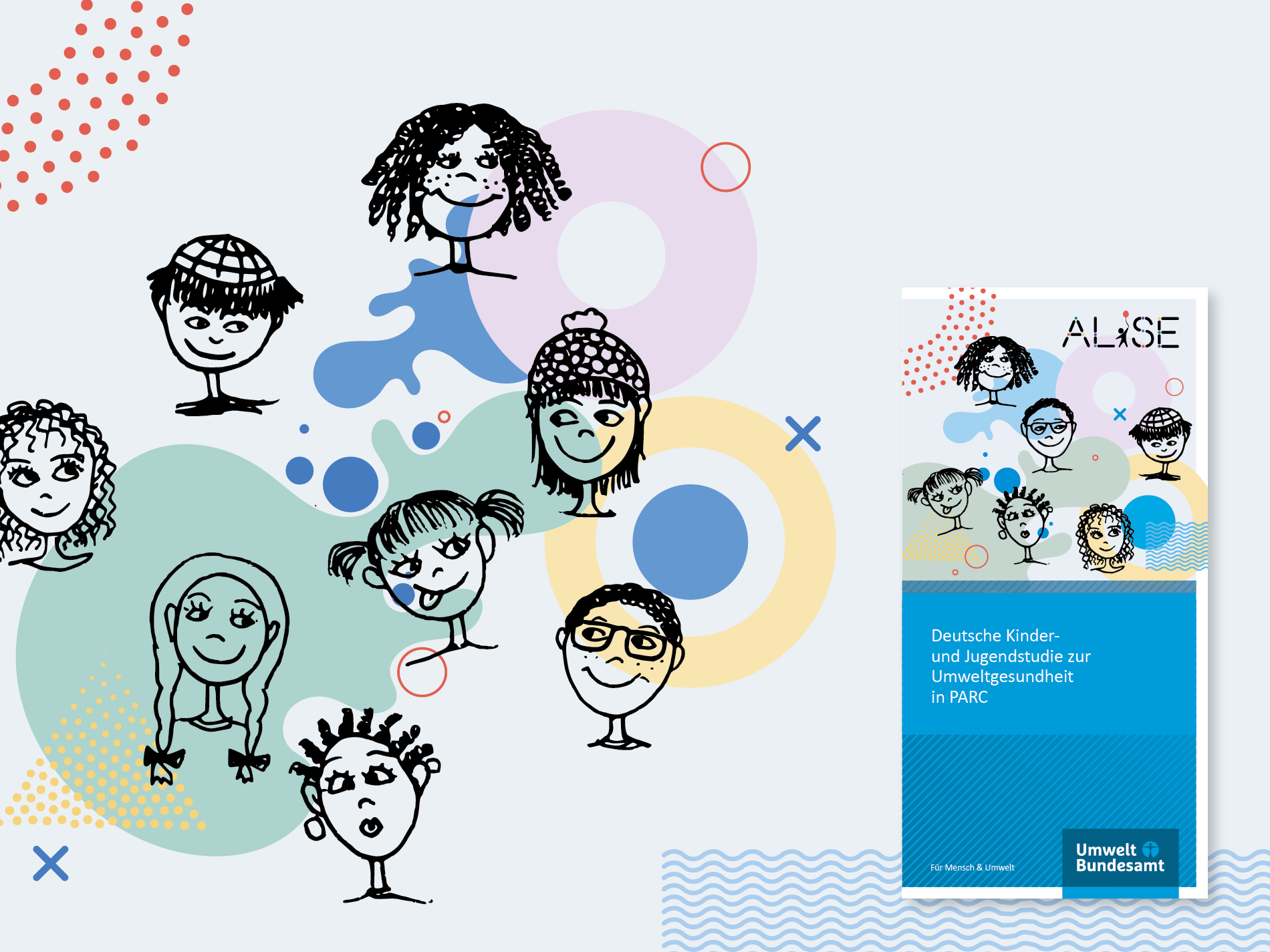 Ein Flyer der ALISE-Studie zur Umweltgesundheit von Kindern und Jugendlichen, gestaltet mit fröhlichen Illustrationen, bunten Elementen und informativen Texten.