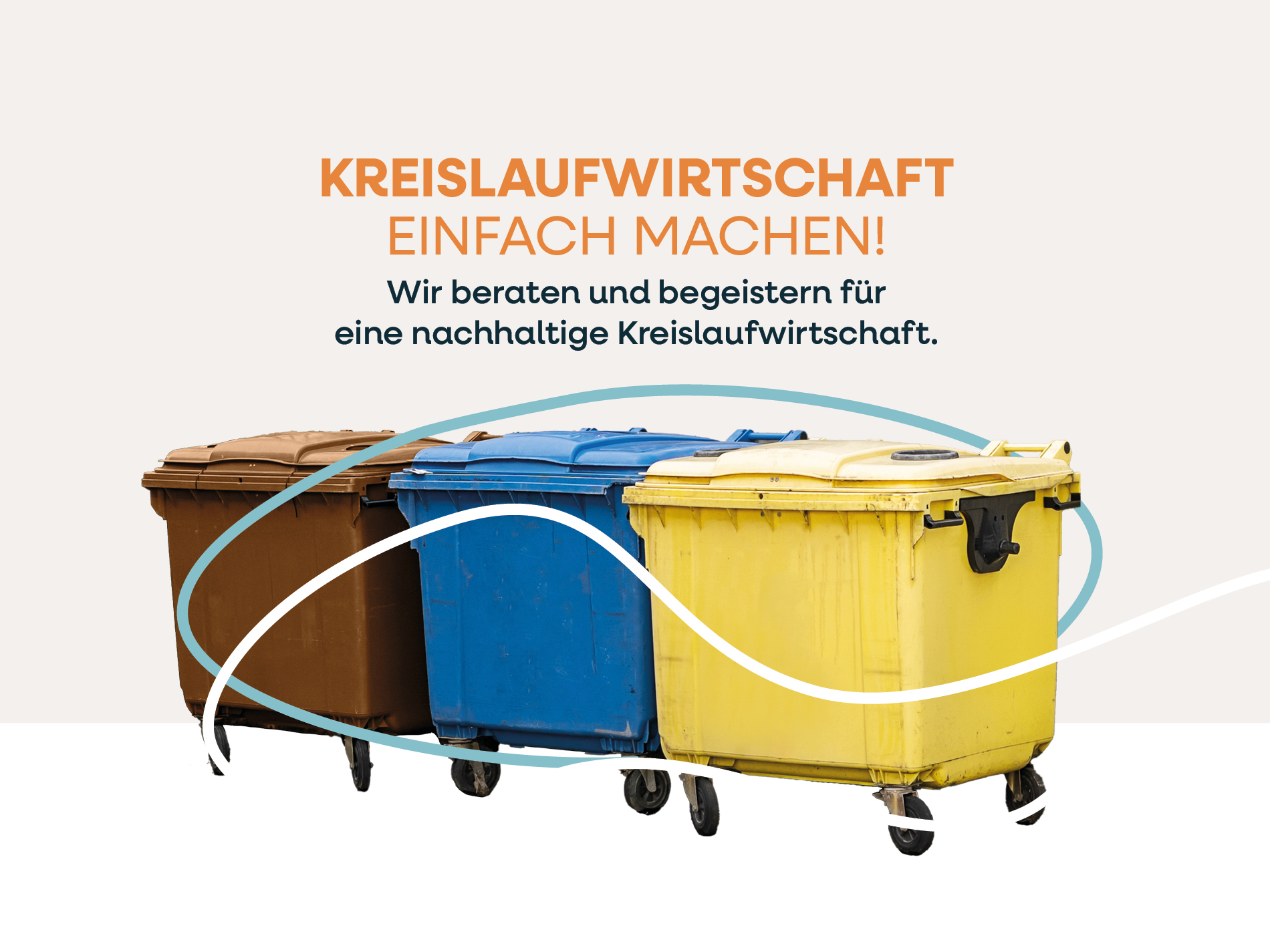 Drei farbige Mülltonnen mit der Botschaft „Kreislaufwirtschaft einfach machen“ als Header-Grafik für die Website von CM Umwelt.