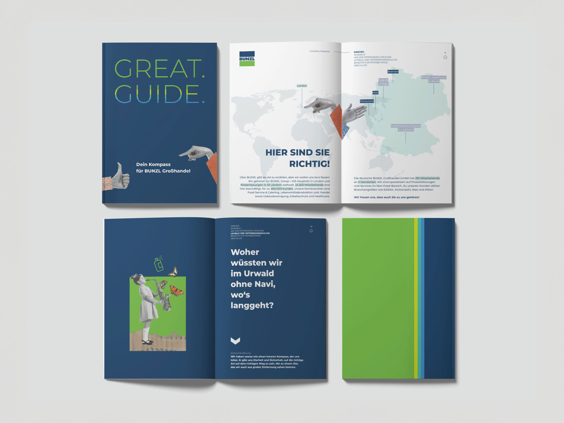 Das Bild zeigt das aufgeschlagene Guide-Book mit dem Titel "Great Guide" für BUNZL Großhandel, das verschiedene Seiten mit Grafiken, Texten und einer Weltkarte enthält.