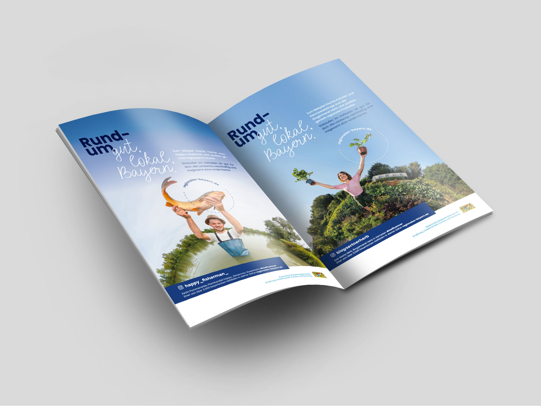 Das Bild zeigt ein aufgeschlagenes Magazin mit einer Doppelseite, die eine Werbeanzeige für "Rund um gut, lokal, Bayern" enthält, illustriert mit Bildern von Menschen, die lokal produzierte Lebensmittel präsentieren.