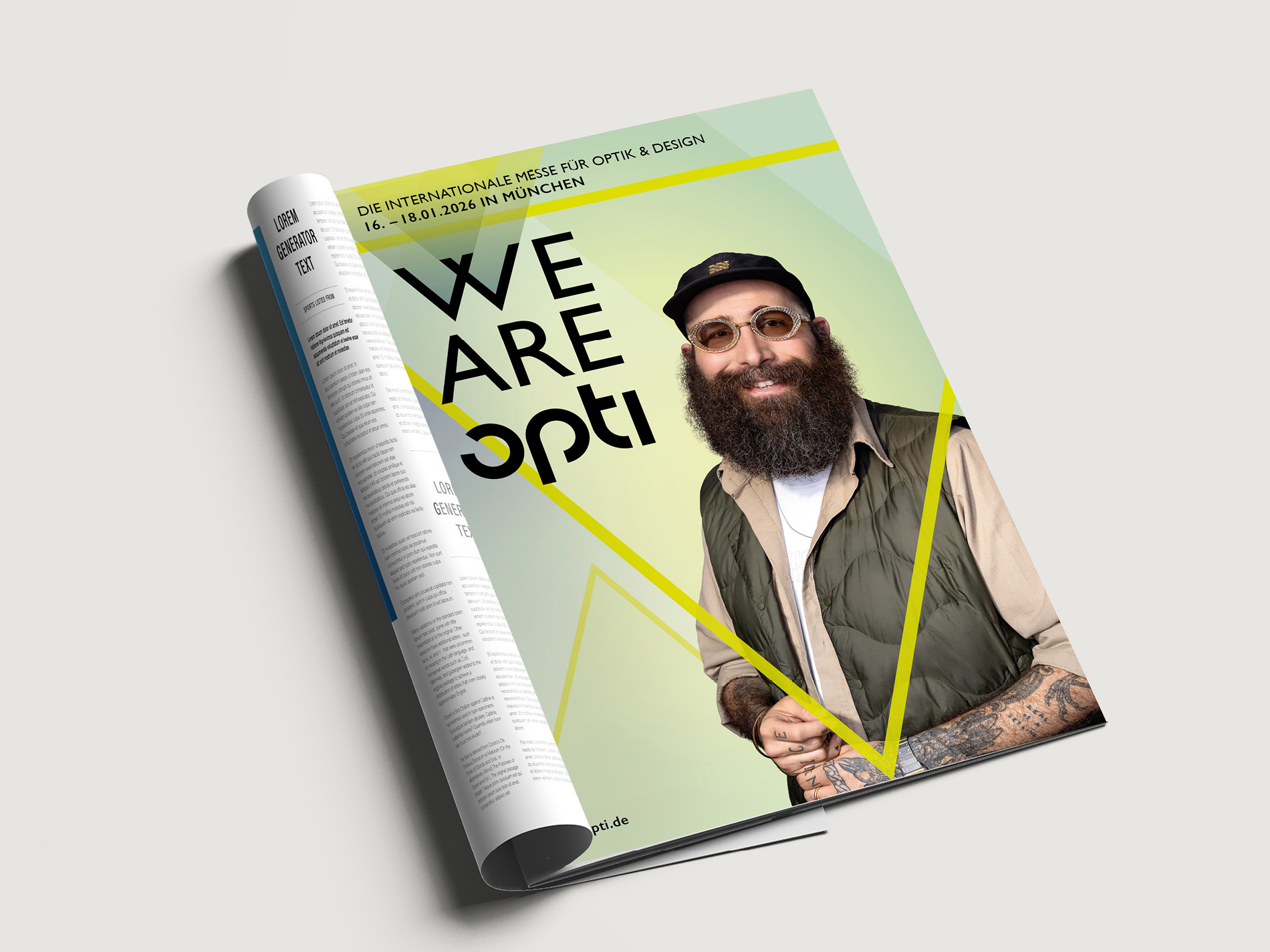 Das neue Keymotiv der Messe opti in einer Zeitschrift.