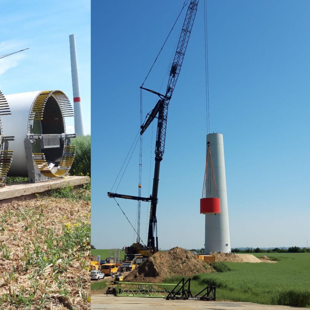Zweigeteiltes Foto: links ein Turmsegment einer Windkraftanlage am Boden, rechts ein Schwerlastkran beim Aufrichten eines Turmsegments auf der Baustelle.