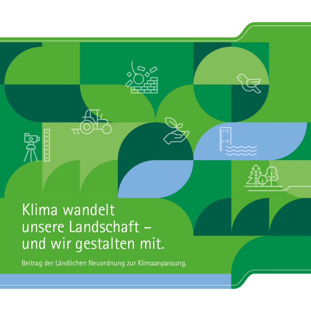 Broschüren-Cover „Klima wandelt unsere Landschaft – und wir gestalten mit." mit grafischer Illustration aus grünen und blauen Flächen sowie Icons zu Landwirtschaft, Natur und Wasser.