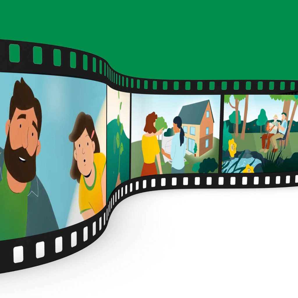 Filmstreifen-Grafik mit Szenen aus einem animierten Erklärfilm zur Ländlichen Neuordnung, u. a. mit gezeichneten Personen, einem Haus und einer Naturszene.