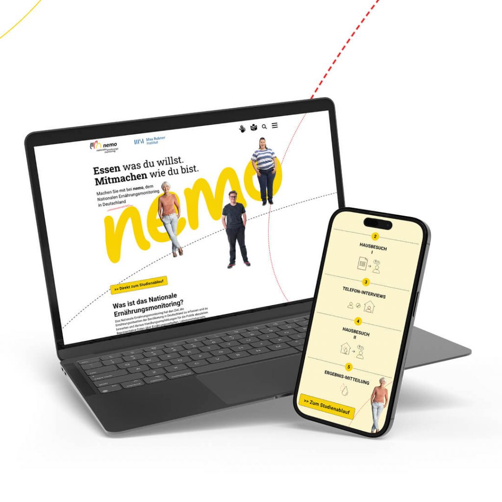 Die nemo-Website auf Laptop und Smartphone. Auf dem Laptop die Schlagzeile „Essen was du willst. Mitmachen wie du bist." mit drei Personen, auf dem Smartphone der bebilderte Studienablauf mit den Stationen Hausbesuch, Telefon-Interviews und Ergebnis-Mitteilung.