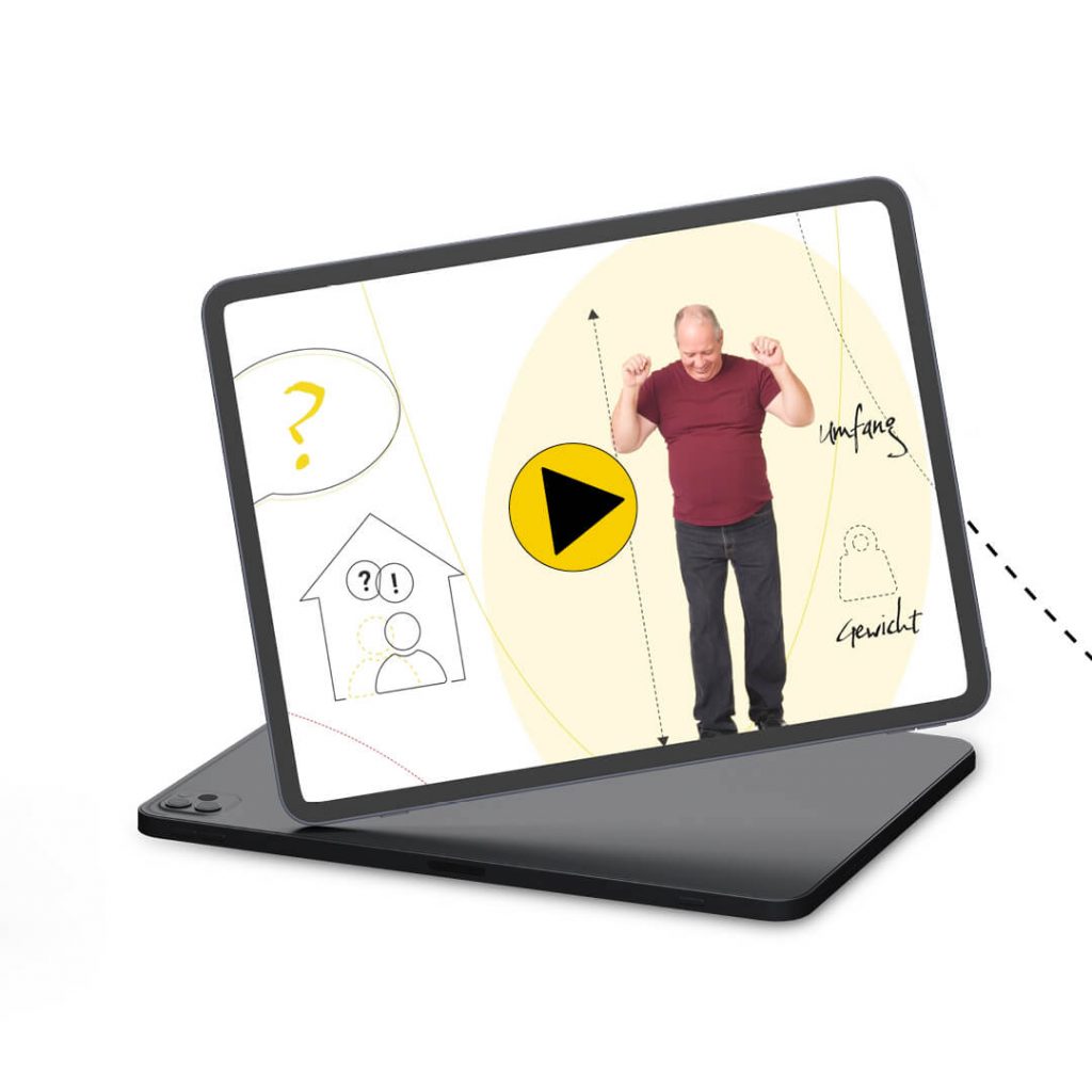 Tablet mit einem Erklärvideo: Ein Mann im roten T-Shirt, daneben handschriftlich „Umfang" und „Gewicht" sowie ein gelber Play-Button.