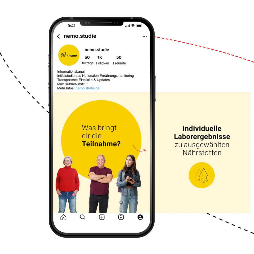 Instagram-Profil „nemo.studie" mit 50 Beiträgen, 1.000 Followern und der Frage „Was bringt dir die Teilnahme?". Daneben der Hinweis auf individuelle Laborergebnisse zu ausgewählten Nährstoffen.