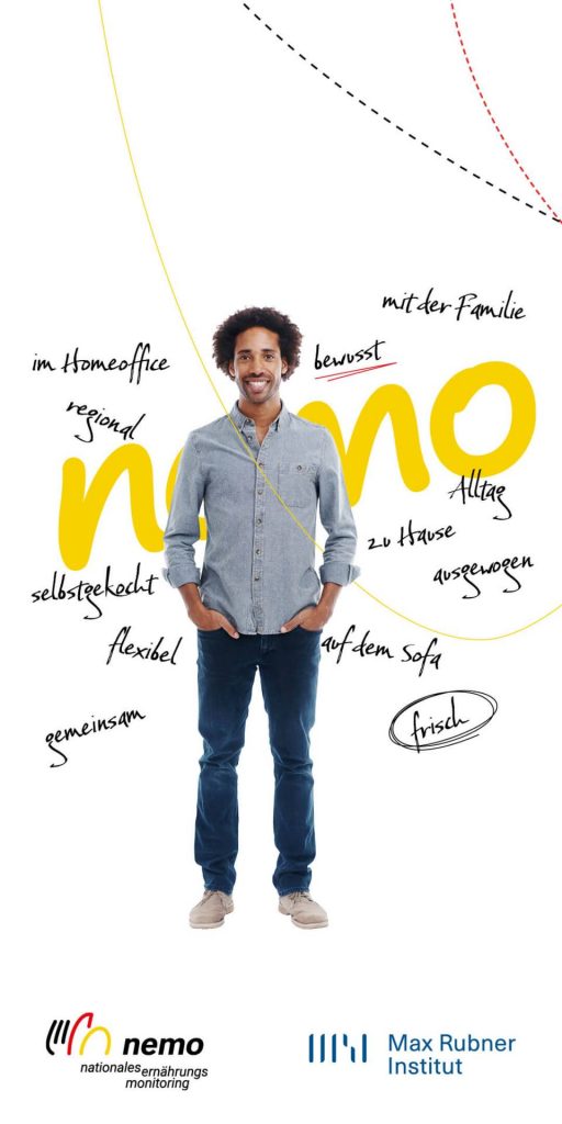Lächelnder junger Mann im Jeanshemd, umgeben von handschriftlichen Begriffen wie „bewusst", „regional", „mit der Familie", „flexibel" und „frisch". Im Hintergrund der gelbe nemo-Schriftzug. Unten die Logos von nemo und Max Rubner-Institut.